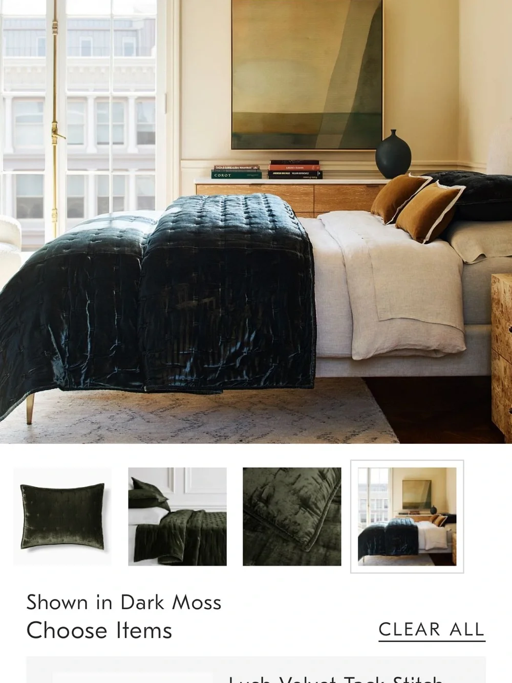 West Elm Dark Moss Velvet Quilted Comforter - Deep Green